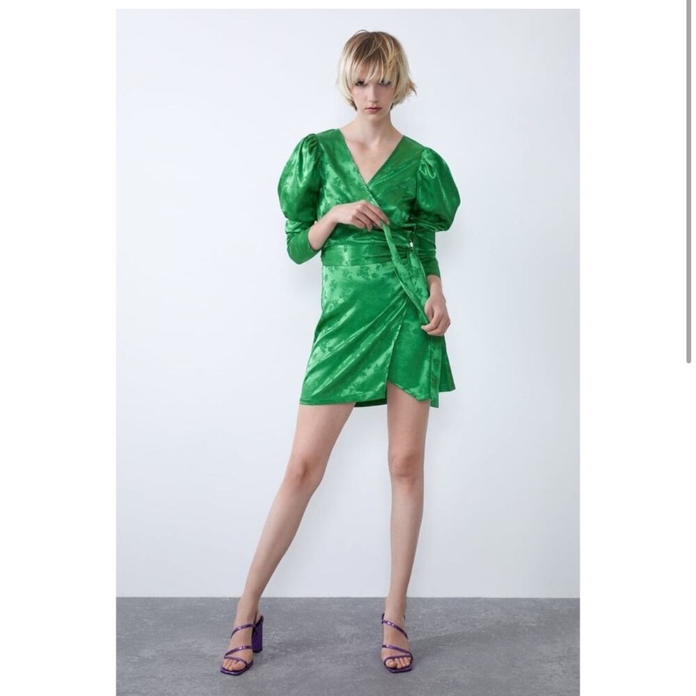 Green Satin Wrap Dress